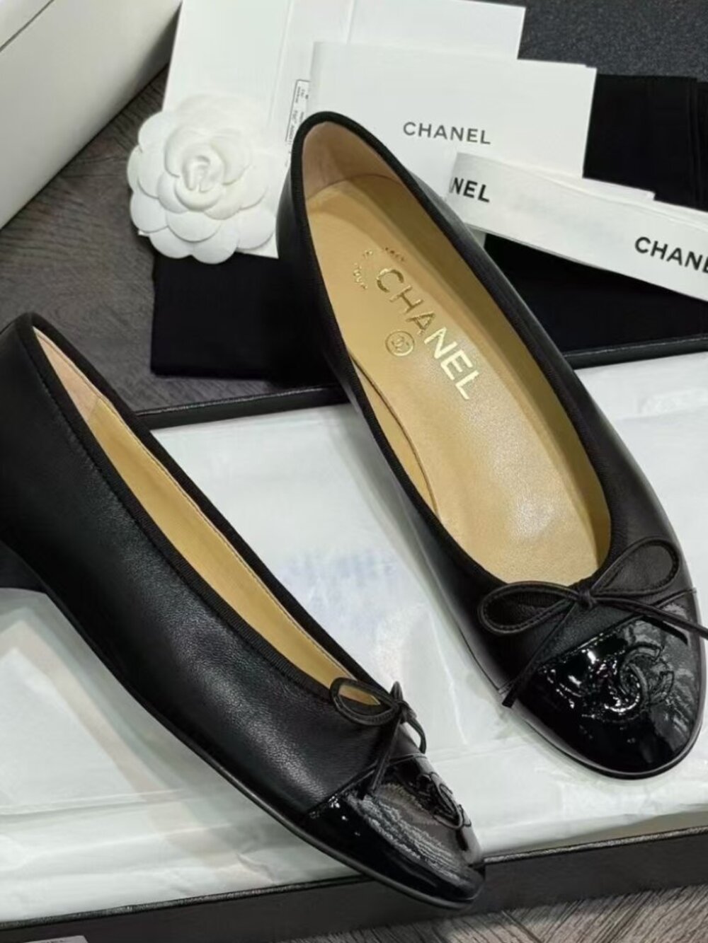 Chanel Two‑Tone Patent Toe Bow Ballet Flats